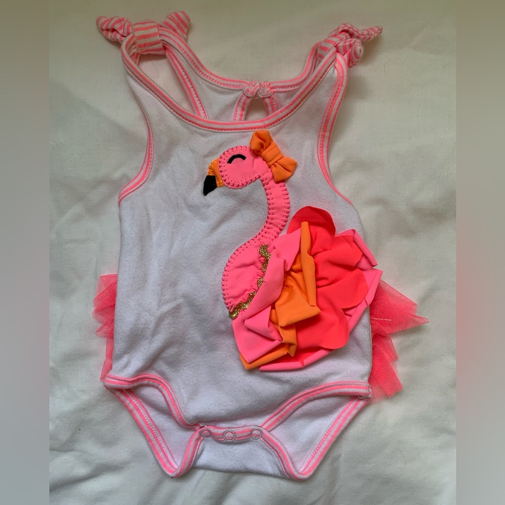 Mud Pie 3-6m romper with flamingo - pink, white, orange